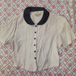 Vintage 1980's Ivory Button-up Blouse with Navy Polka Dot Peter Pan Collar